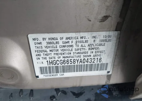 2000 Honda Accord 2.3 Lx from USA, damaged, VIN 1HGCG6658YA043216